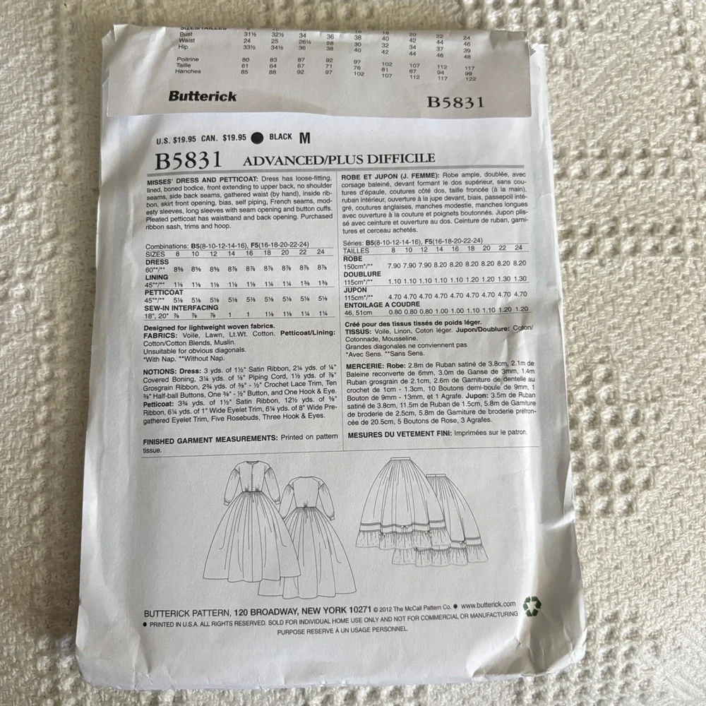 Butterick Making History Pattern B5831 for Misses’ Dress and Petticoat